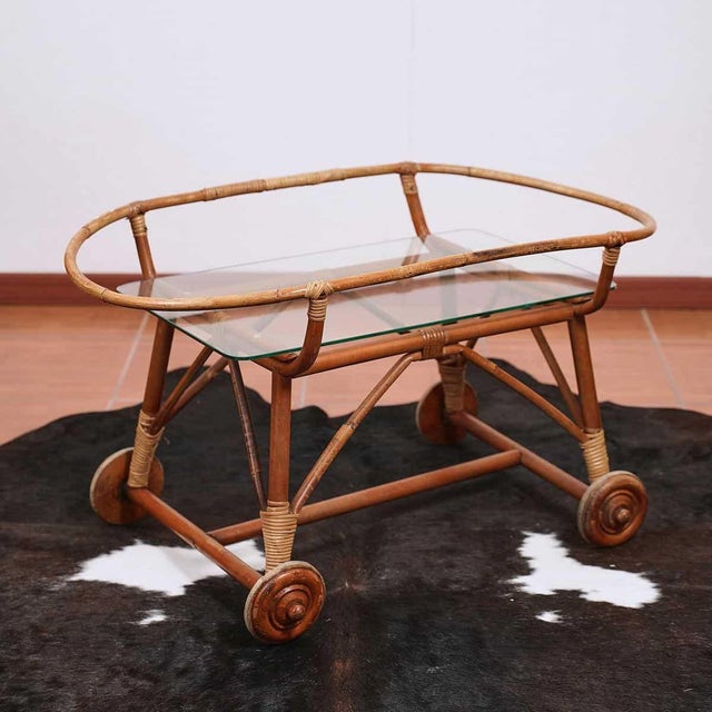Brown Rattan and Bamboo Trolley with Glass Top, 1970s For Sale - Image 8 of 8