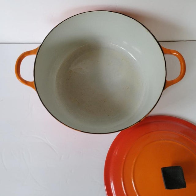 Vintage Mid Century Le Creuset Flame Orange Dutch Oven Pot With Lid