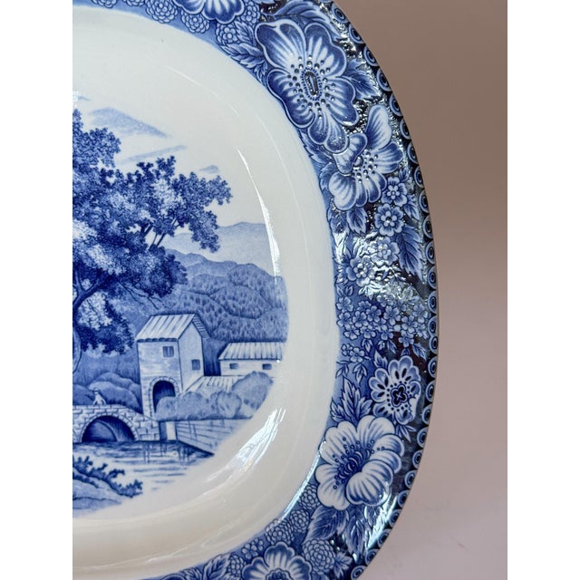 Ceramic Vintage Import Blue Transferware Platter With Trees and Castle For Sale - Image 7 of 8