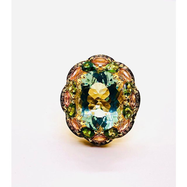 Gemstone Bochic “Orient” Vintage Diamond, Green Amethyst & Pink Tourmaline Ring Set 18K & Silver For Sale - Image 7 of 10