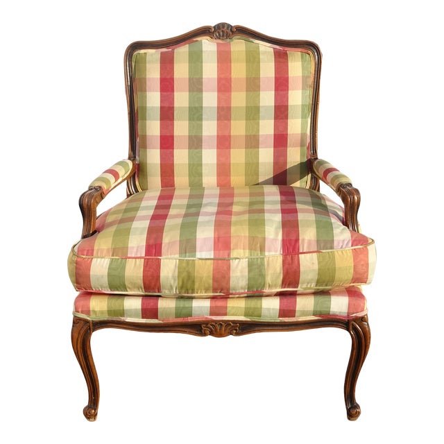 Vintage French Country Red & Green Plaid Accent Chair W Down Cushion
