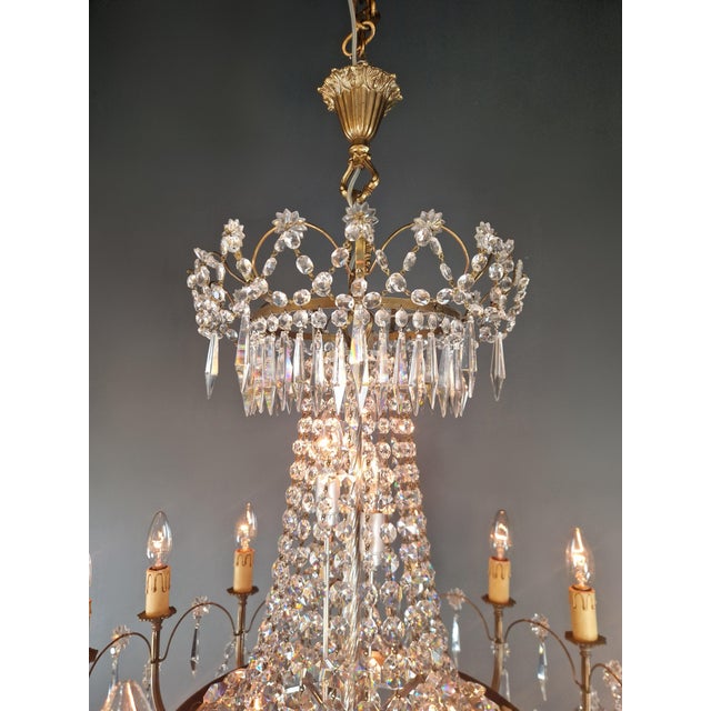 1950s Empire Brass Chandelier Crystal Lustre Ceiling Light For Sale - Image 11 of 12