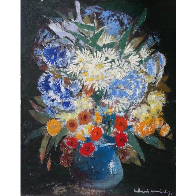 Midsummer herbs 1988. Oil on canvas, 82x65 cm the focal point of the artwork is a vase filled with colorful flowers and...