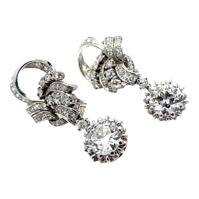 Mid 20th Century Gia Certified 5.00 Carat Weight Diamond Vintage Old European Platinum Earrings, A Pair For Sale