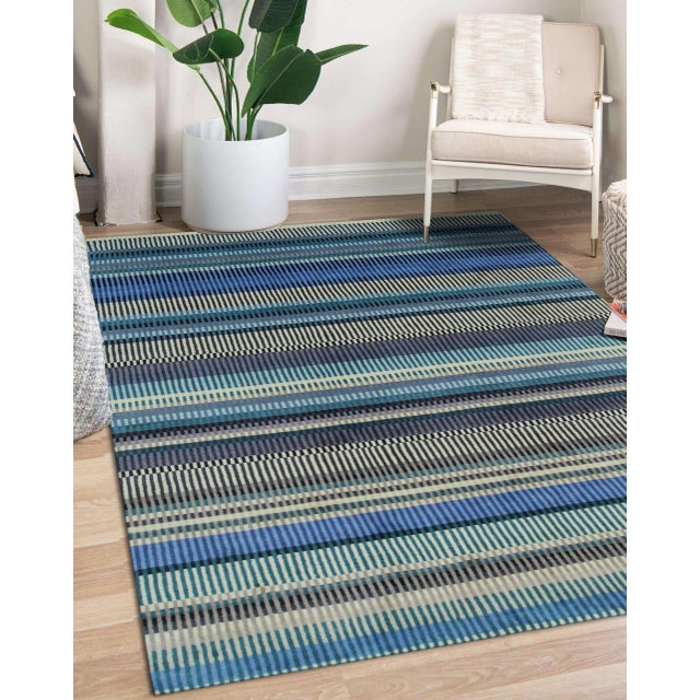 Beige 10x14 Ophelia Ocean Blue Classic Stripe Handmade Wool Carpet Rug For Sale - Image 8 of 9