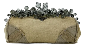 Prada Mistolino Natural Canvas Crystal Beaded Top Pochette