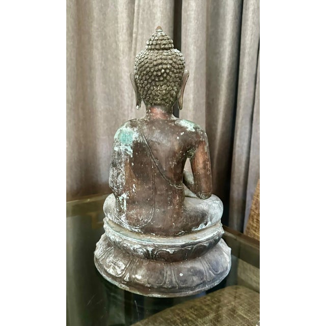 Asian Burmese Gandhara Style Patinated Bronze Seated Buddha For Sale In Palm Springs - Image 6 of 12