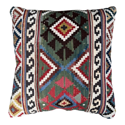 Multicolor Accent Pillow Made From 19th Century Handwoven Wool