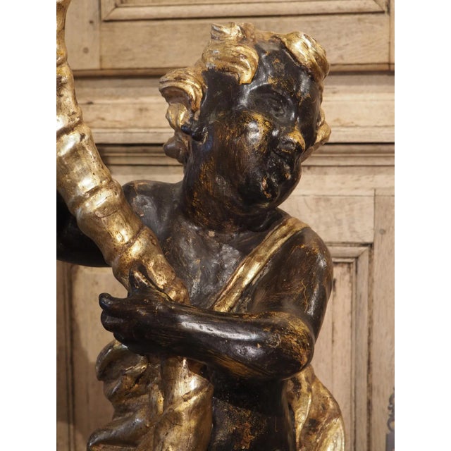 Wood Pair of Italian 18th Century Painted and Gilt Putti With Cornucopia Torcheres For Sale - Image 7 of 13