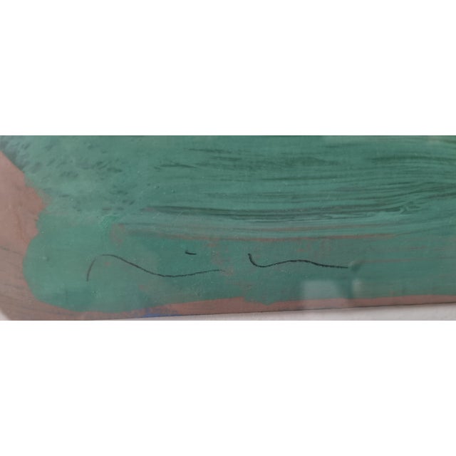 A landscape composed of overlapping areas of green, blue, sienna and earthy tones. The reduced forms suggest vegetation,...