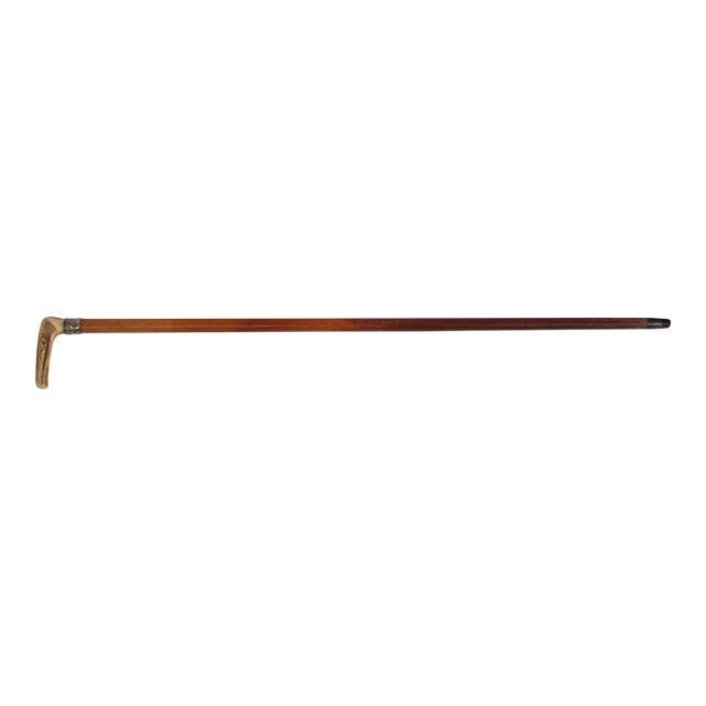 1876 English Malacca, Sterling, & Antler Walking Stick For Sale