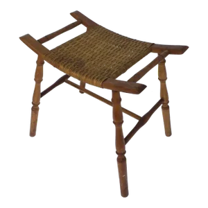 Wicker and Turned Oak Wood Stool Bench