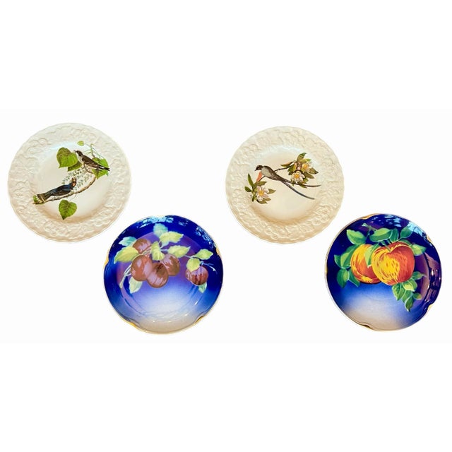 A complementary grouping of K&G Lunéville fruit cabinet plates with two Alfred Meakin bird plates from the Audubon Birds...