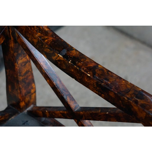 Wood Vintage Chinese Chippendale Faux Tortoise Shell Pierced Trellis Bench Arm Chair For Sale - Image 7 of 18