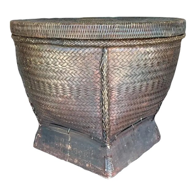 Vintage Boho Woven Rattan Lidded Basket For Sale