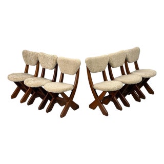 Danish Modern, Brutalist Dining Chairs, Pine, Shearling, Denmark, 1960s For Sale