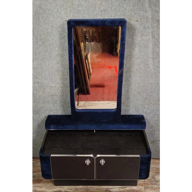 Art Deco Dressing Table with Mirror Blue Velvet, 1930s For Sale - Image 4 of 9