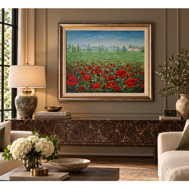 Charming 1980s oil on canvas landscape signed C. Benolt, depicting a vibrant field of red poppies stretching toward a...