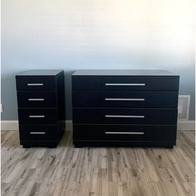 1950s Raymond Loewy for Mengel Chest of Drawers and Nightstand Set of 2 in Black With Glass Tops For Sale - Image 11 of 11