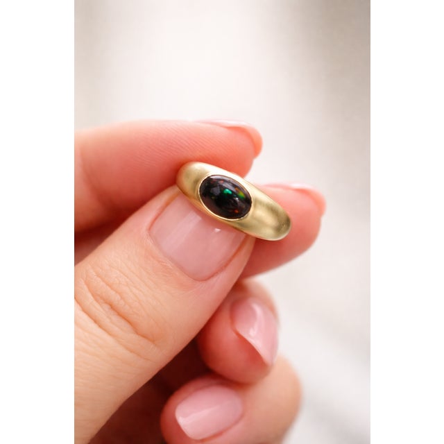 14kt solid gold ring with opal cabochon. Black Opal statement ring. Solitaire opal ring. October birthstone ring....