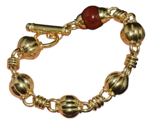 Estate Primavera Preziosi Italian Solid 18K Gold Carnelian Bead Fluted Ball Toggle Bracelet