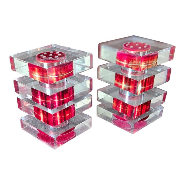Vintage Red & Clear Lucite Square Tier Design Salt & Pepper Shakers For Sale