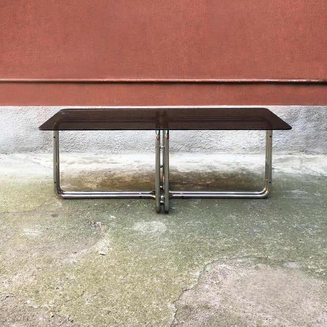 Italian Mid-Century Modern chrome dining table with smoked top, 1970s Dining table with chromed tubular steel leg and...