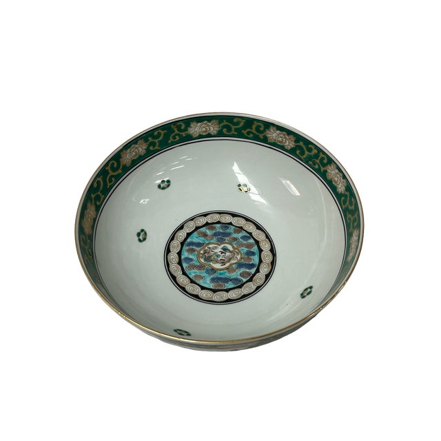 Vintage Oriental Imari Emerald Green Flora Landscape Porcelain Bowl Art For Sale - Image 9 of 9