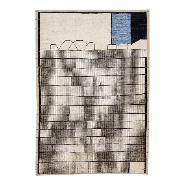 2020s Geometric Modern Moroccan Style Wool Rug Handmade in Beige For Sale