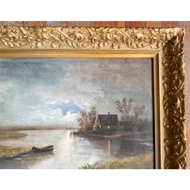 19th Century Continental European Moonlit Nocturne Landscape Painting For Sale - Image 4 of 12