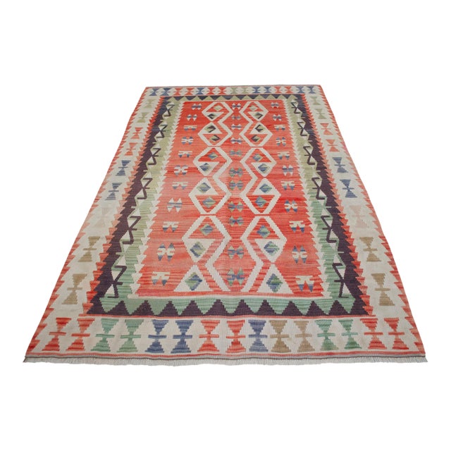 Vintage Handwoven Turkish Oushak Kilim Flat Weave Rug Boho Farmhouse Decor - 4′5″ × 7′8″ For Sale