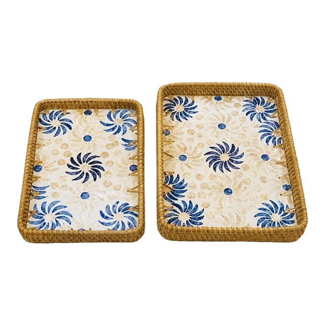Set of Two Blue Flower Rattan Mother-of-Pearl Inlaid Rectangular Trays For Sale