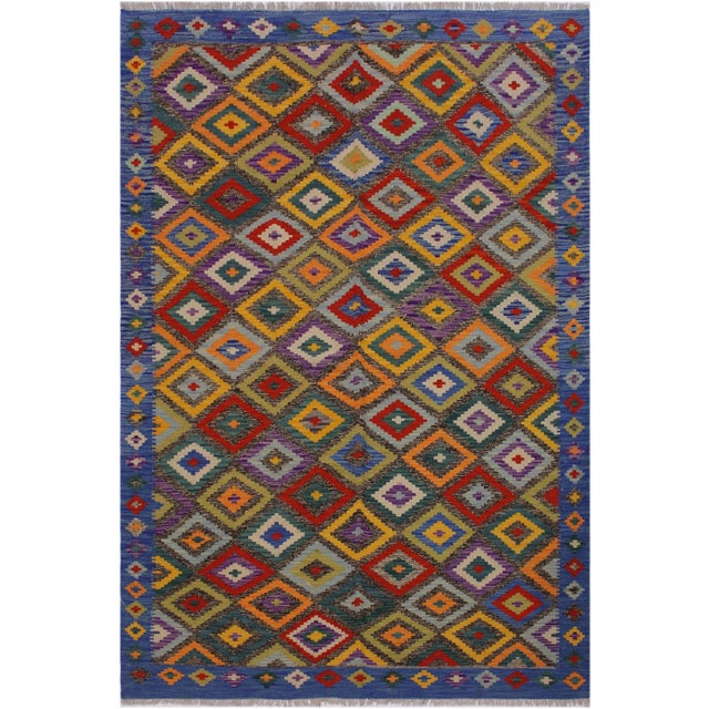 Blue Bohemian Tribal Kilim Hand-Woven Wool Rug -5'6 X 8'1 For Sale - Image 8 of 8