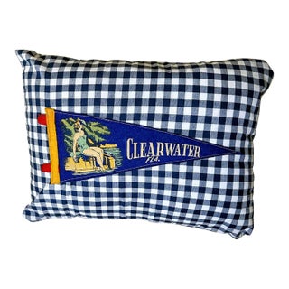 Florida Clearwater Vintage Blue Pennant on New Woven Plaid Throw Pillow For Sale
