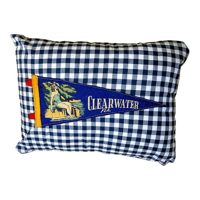 Florida Clearwater Vintage Blue Pennant on New Woven Plaid Throw Pillow For Sale