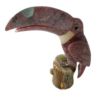 Late 20th Century Pink Quartz Stone Toucan Parrot on Onyx Tree Stump For Sale