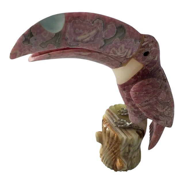 Late 20th Century Pink Quartz Stone Toucan Parrot on Onyx Tree Stump For Sale