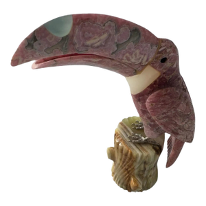 Late 20th Century Pink Quartz Stone Toucan Parrot on Onyx Tree Stump