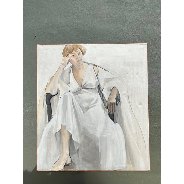 Mid-Century Modern Vintage Portrait of Seated Woman Oil Painting For Sale - Image 3 of 13