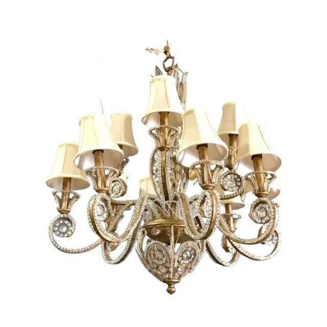Glass Gilt Iron and Crystal Beaded Chandelier, Belle Époque Style For Sale - Image 7 of 7