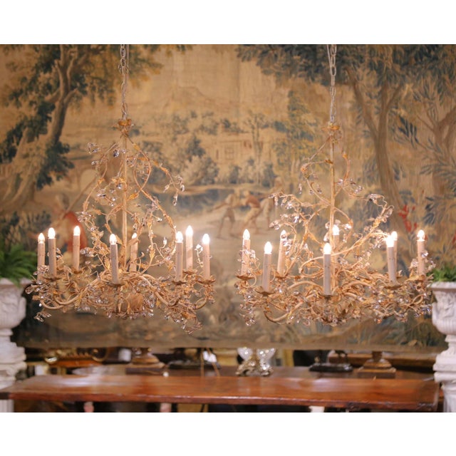 Pair of French Louis XV Painted Tole and Crystal Eight-Light Chandeliers For Sale - Image 4 of 13