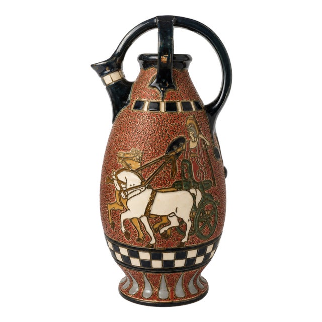 Antique Czechoslovak Secessionist Ceramic Ewer with Chariot, 1915 For Sale