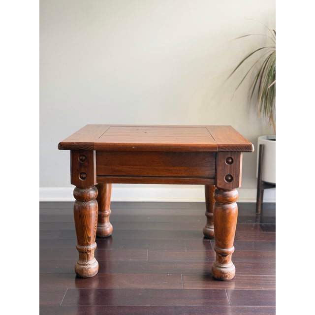 Vintage Rustic Solid Pine Square End Table — Turned Baluster Leg Farmhouse Spanish Colonial Side Table Dimensions *...