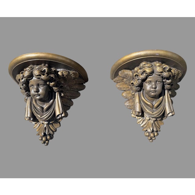 Pair of Figural Cast Resin Hanging Wall Shelves With Winged Cupid Angel Heads For Sale - Image 9 of 9