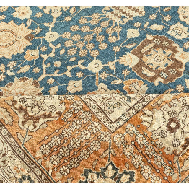 Blue Antique Persian Tabriz Botanic Green Hand Knotted Wool Rug For Sale - Image 8 of 9