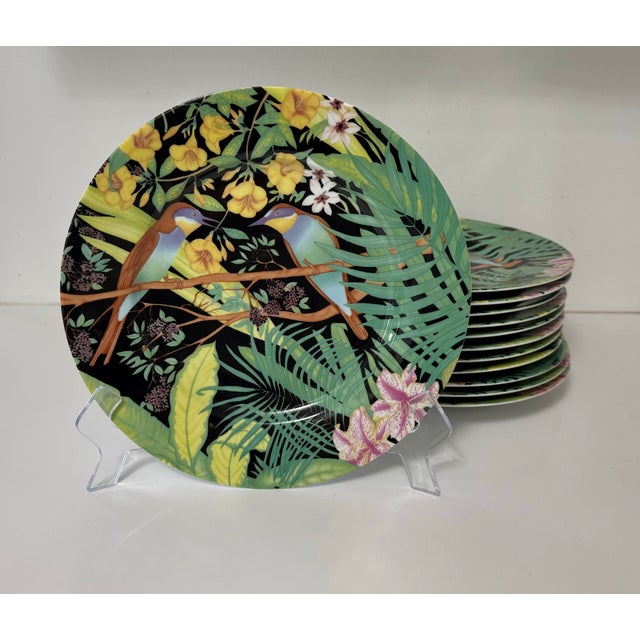 1970s Vintage Limoges France Rochard Tropical Birds and Foliage 10” Plates - Set of 12 For Sale - Image 5 of 6