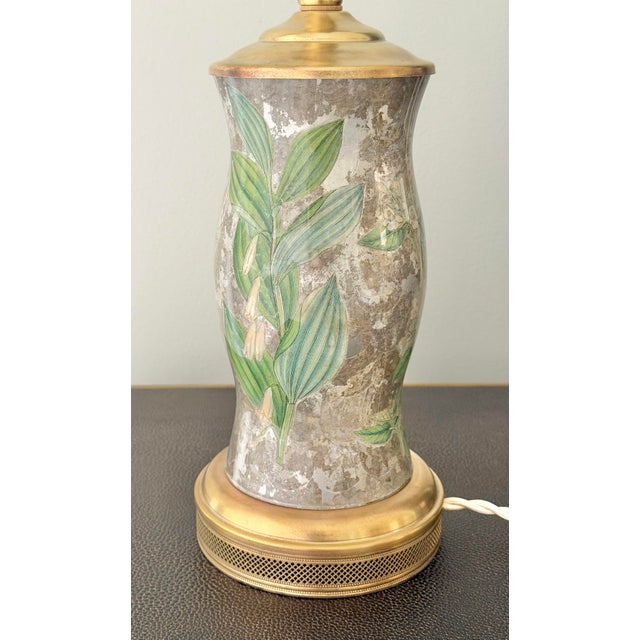 Silver Vintage Botanical Reverse-Decoupage Glass Table Lamp With Pierced Brass Base For Sale - Image 8 of 12