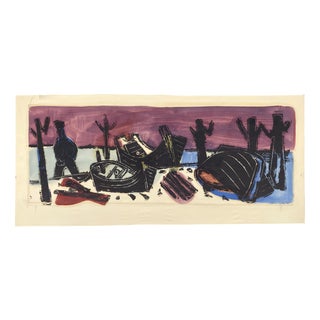 Ulrich Knispel, Am Steg, 1952, Monotype and Gouache on Paper For Sale