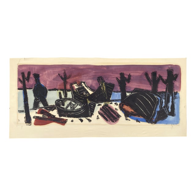 Ulrich Knispel, Am Steg, 1952, Monotype and Gouache on Paper For Sale