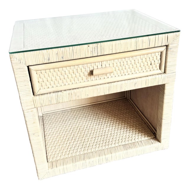 Boho Chic Wrapped Wicker Glass Top Nightstand For Sale